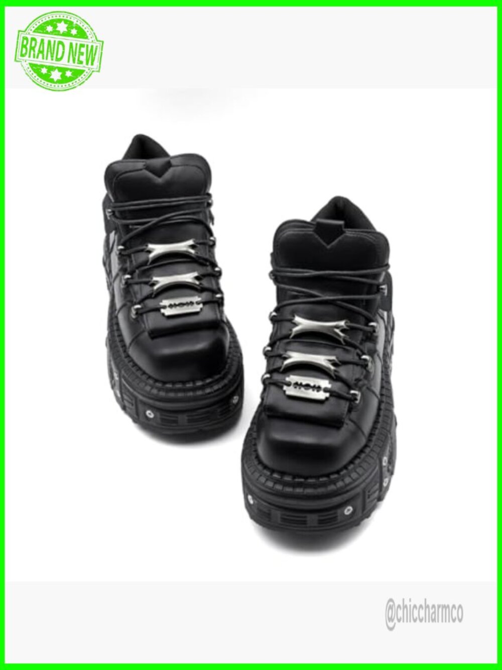 Women's Platform Biker Boots Square Toe Lace Up Motorcycle Combat Goth Booties - Picture 5 of 7